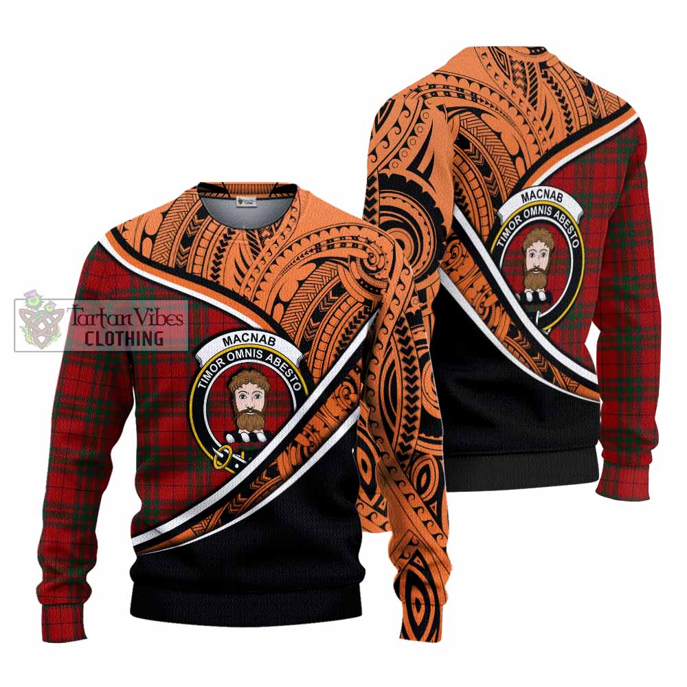 Tartan Vibes Clothing MacNab (McNab) Crest Tartan Knitted Sweater with Maori Tattoo Style - Orange Version