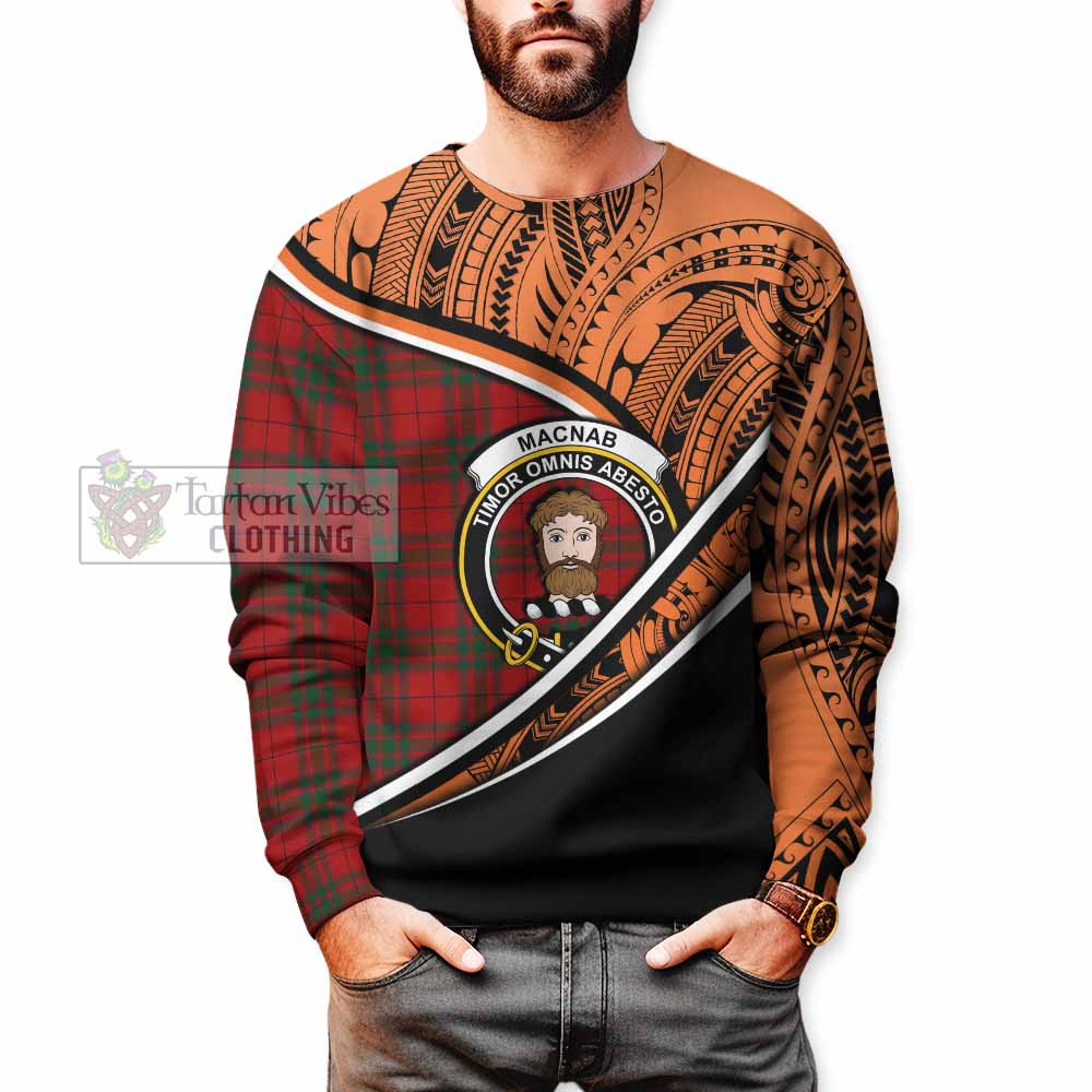 Tartan Vibes Clothing MacNab (McNab) Crest Tartan Sweatshirt with Maori Tattoo Style - Orange Version