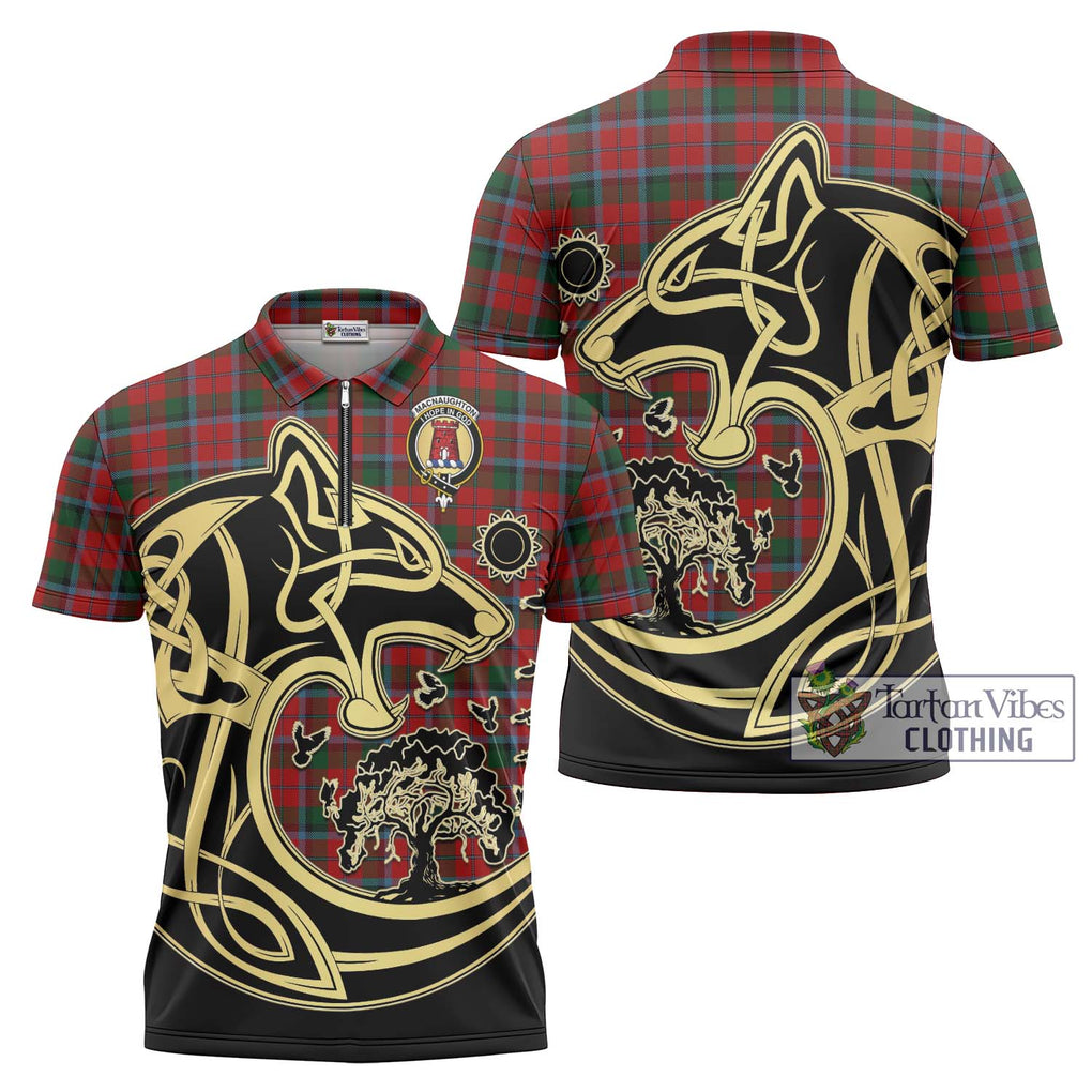 MacNaughton (McNaughton) Tartan Zipper Polo Shirt with Family Crest Celtic Wolf Style Unisex - Tartanvibesclothing Shop