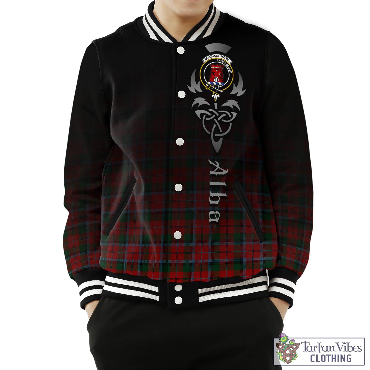 Tartan Vibes Clothing MacNaughton Tartan Baseball Jacket Featuring Alba Gu Brath Family Crest Celtic Inspired