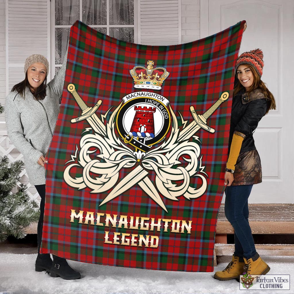 Tartan Vibes Clothing MacNaughton Tartan Blanket with Clan Crest and the Golden Sword of Courageous Legacy