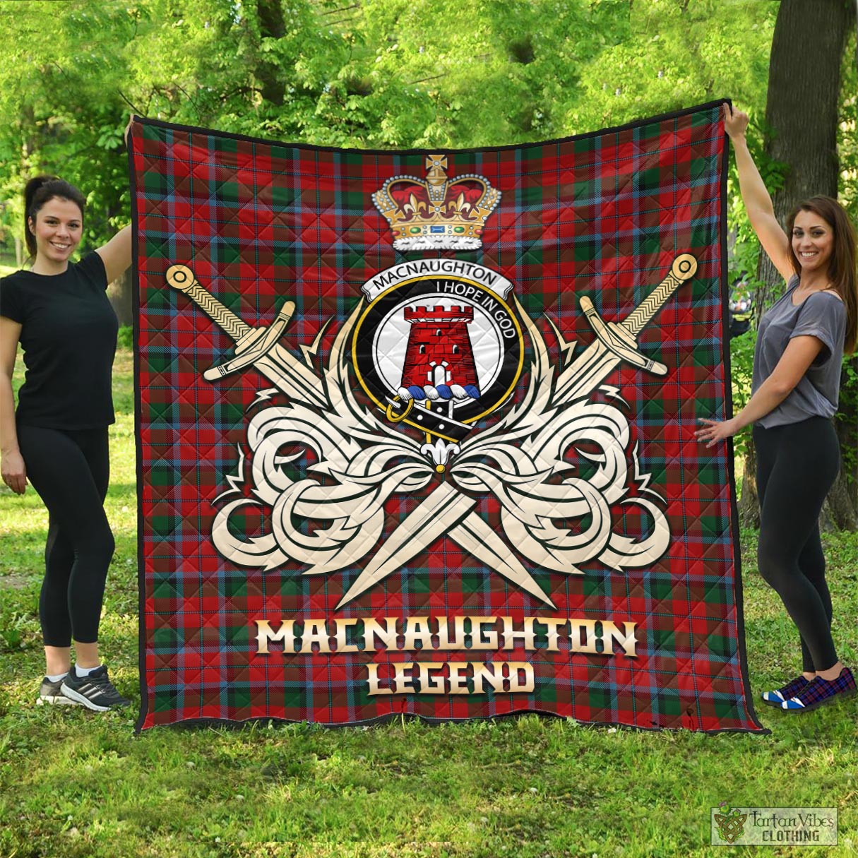 Tartan Vibes Clothing MacNaughton Tartan Quilt with Clan Crest and the Golden Sword of Courageous Legacy