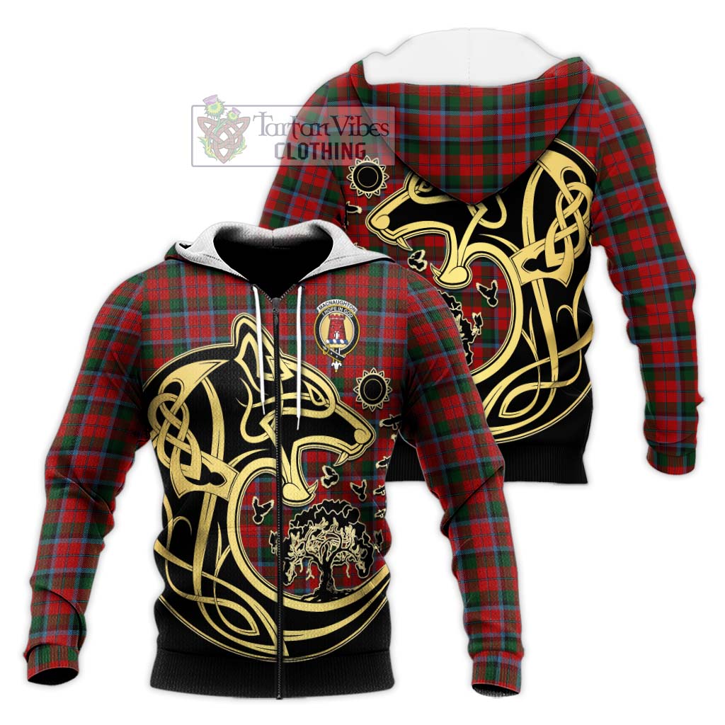 Tartan Vibes Clothing MacNaughton Tartan Knitted Hoodie with Family Crest Celtic Wolf Style