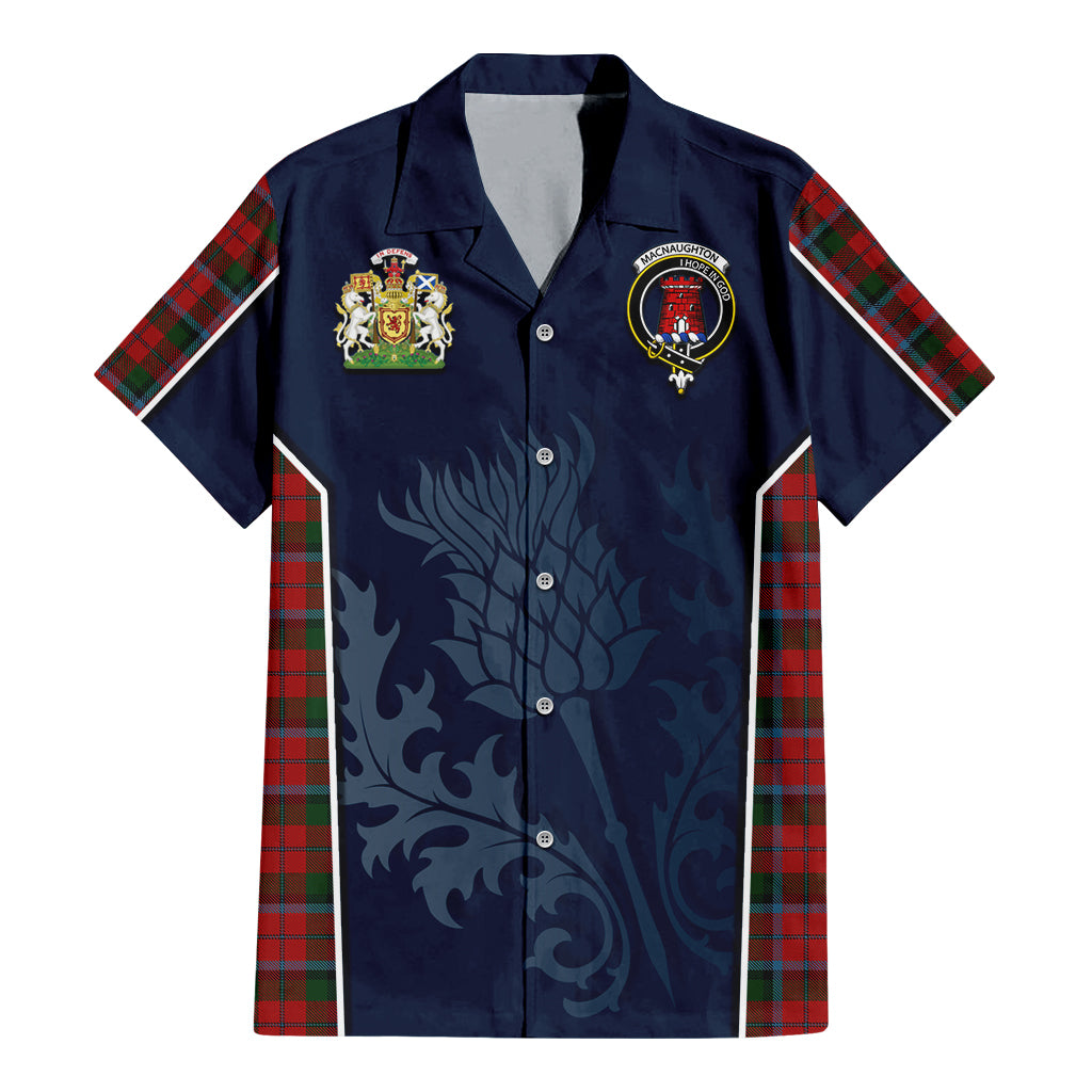 Tartan Vibes Clothing MacNaughton Tartan Short Sleeve Button Up Shirt with Family Crest and Scottish Thistle Vibes Sport Style