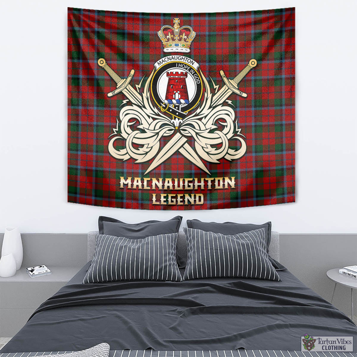 Tartan Vibes Clothing MacNaughton Tartan Tapestry with Clan Crest and the Golden Sword of Courageous Legacy