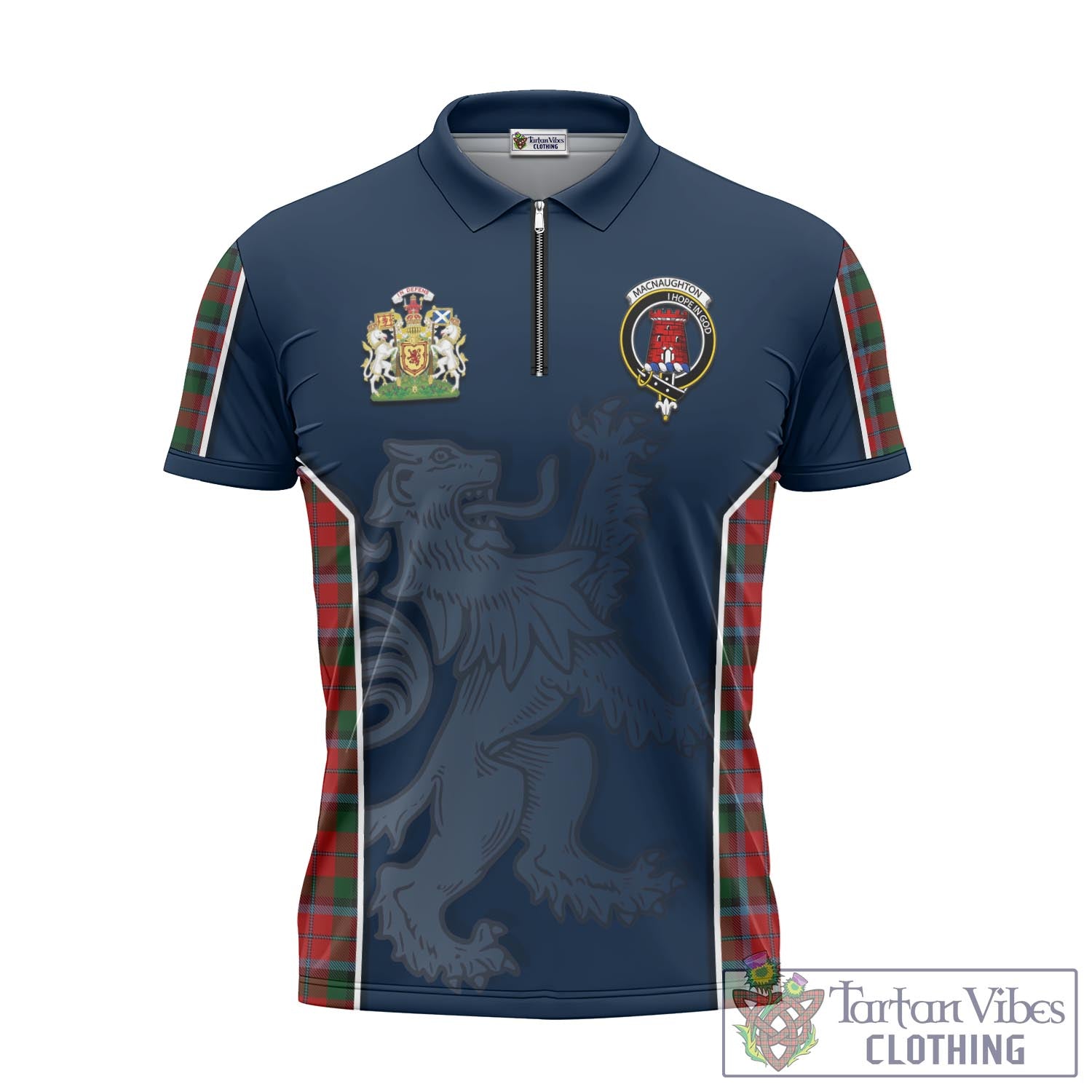 Tartan Vibes Clothing MacNaughton Tartan Zipper Polo Shirt with Family Crest and Lion Rampant Vibes Sport Style