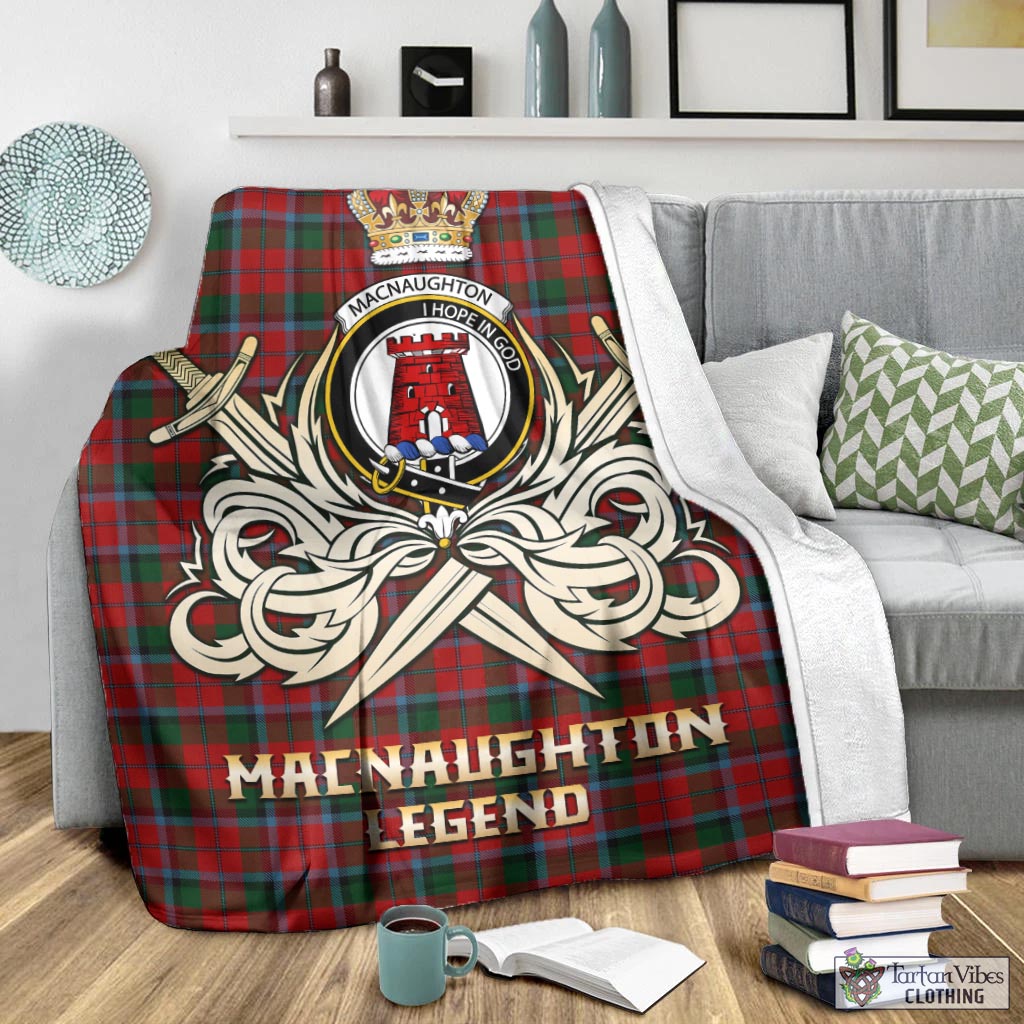 Tartan Vibes Clothing MacNaughton Tartan Blanket with Clan Crest and the Golden Sword of Courageous Legacy