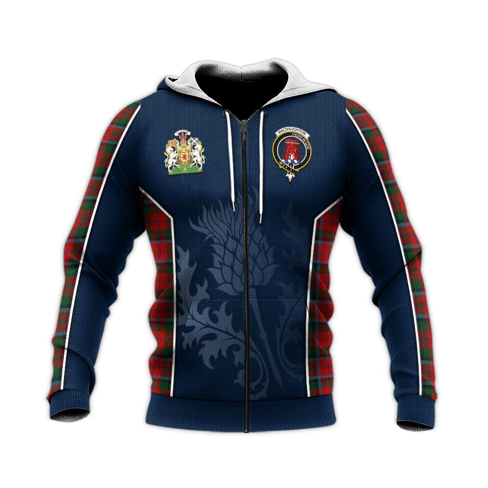 Tartan Vibes Clothing MacNaughton Tartan Knitted Hoodie with Family Crest and Scottish Thistle Vibes Sport Style