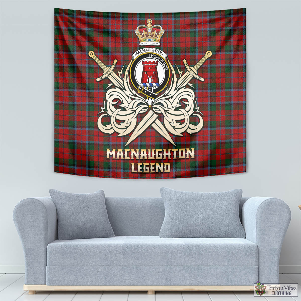 Tartan Vibes Clothing MacNaughton Tartan Tapestry with Clan Crest and the Golden Sword of Courageous Legacy