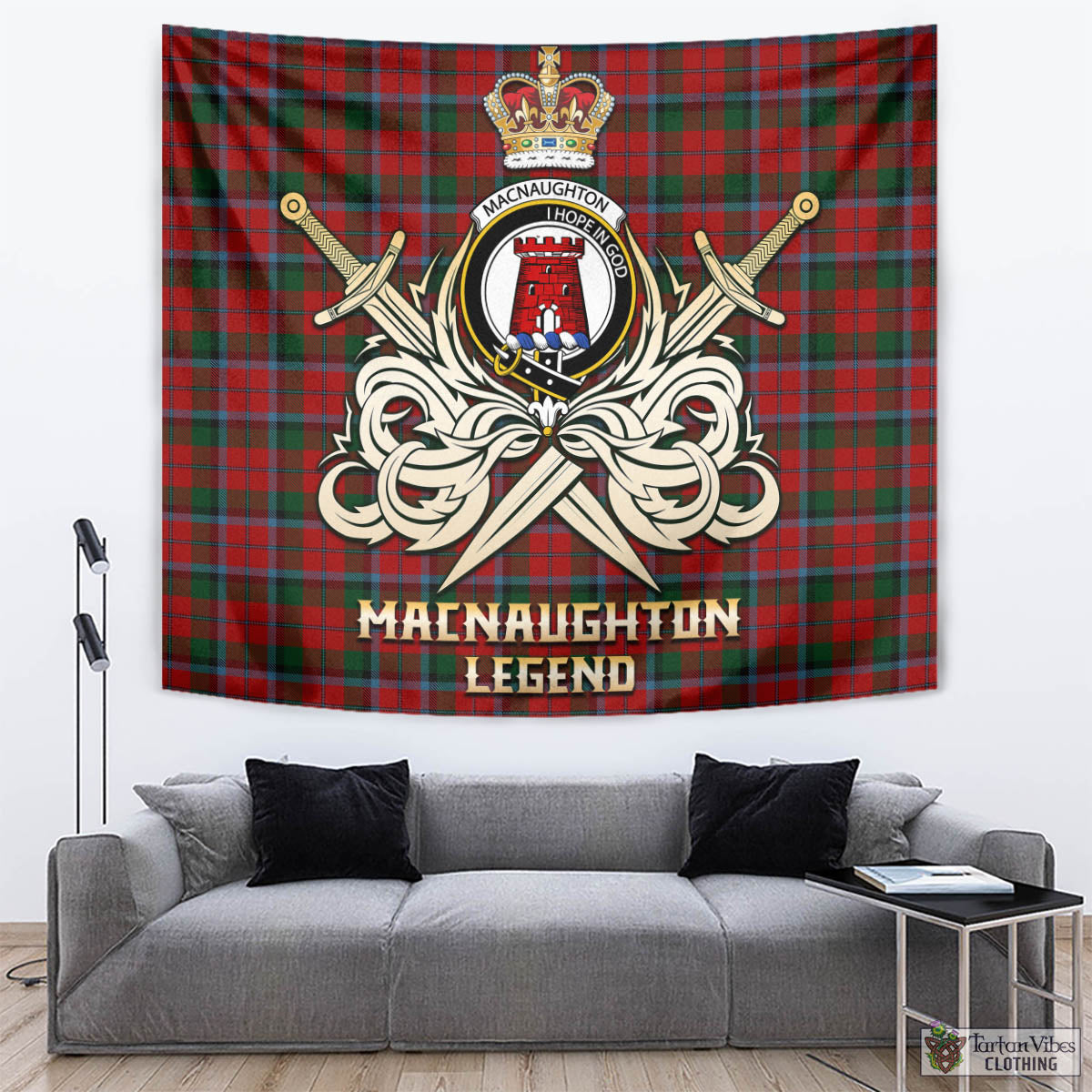 Tartan Vibes Clothing MacNaughton Tartan Tapestry with Clan Crest and the Golden Sword of Courageous Legacy