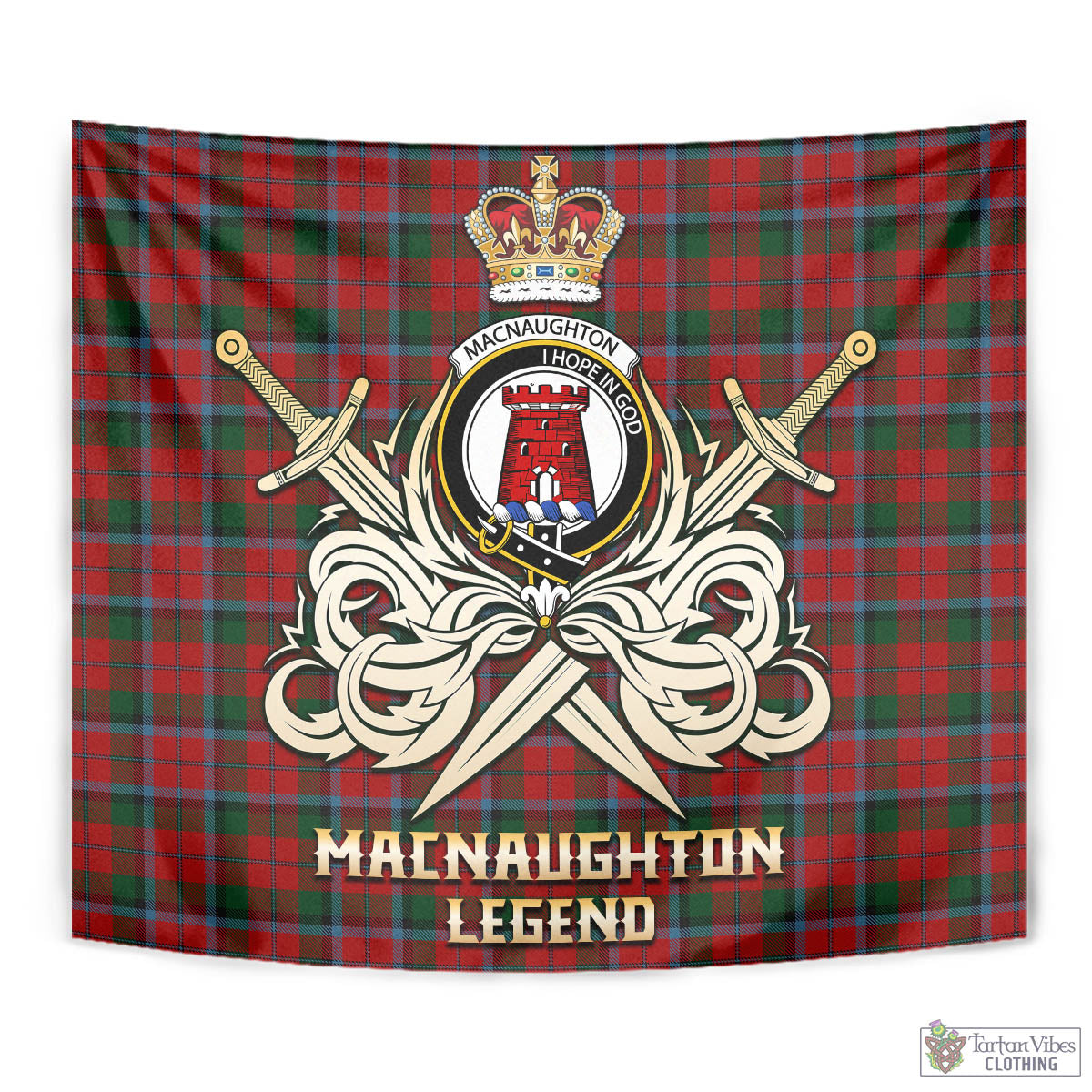 Tartan Vibes Clothing MacNaughton Tartan Tapestry with Clan Crest and the Golden Sword of Courageous Legacy