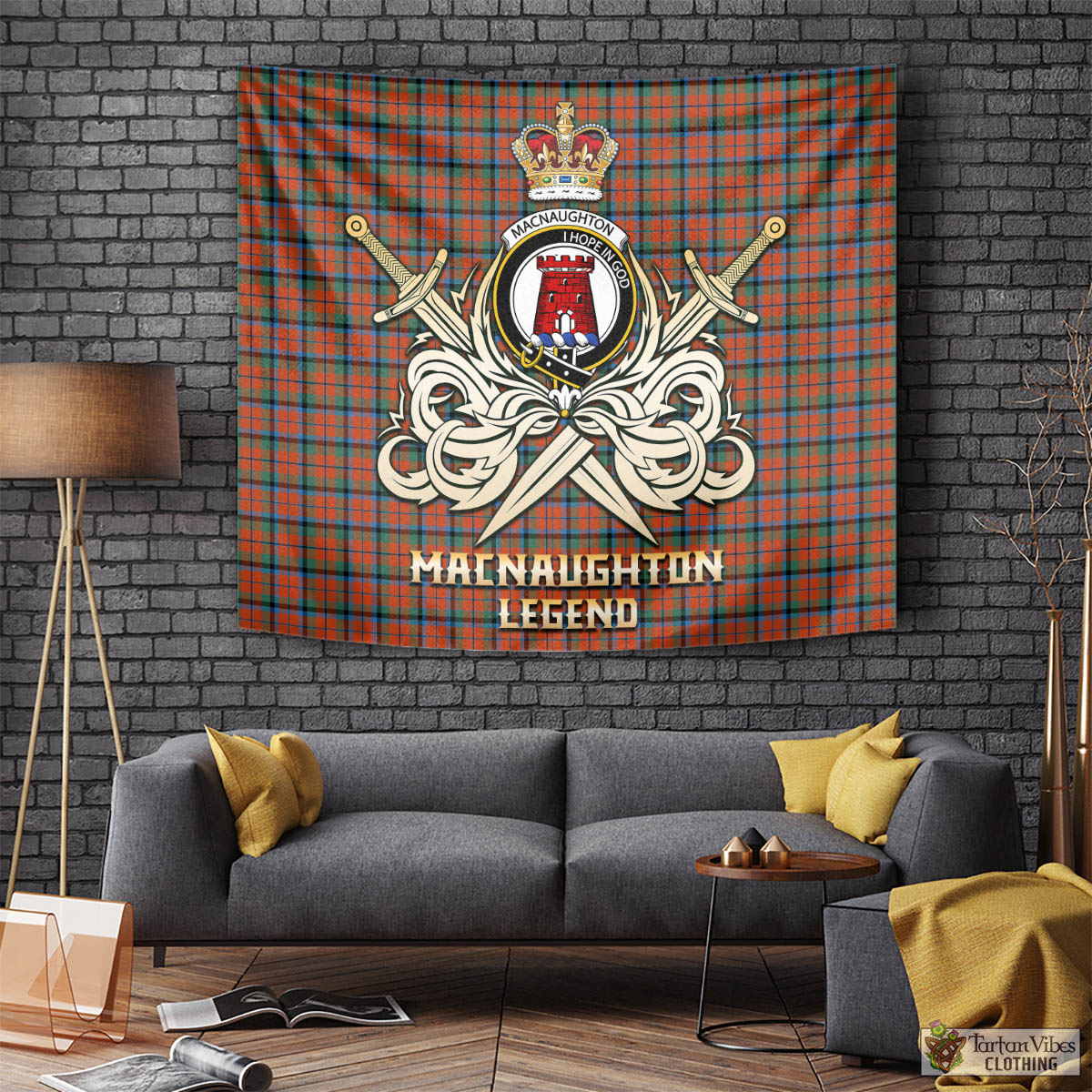 Tartan Vibes Clothing MacNaughton Ancient Tartan Tapestry with Clan Crest and the Golden Sword of Courageous Legacy