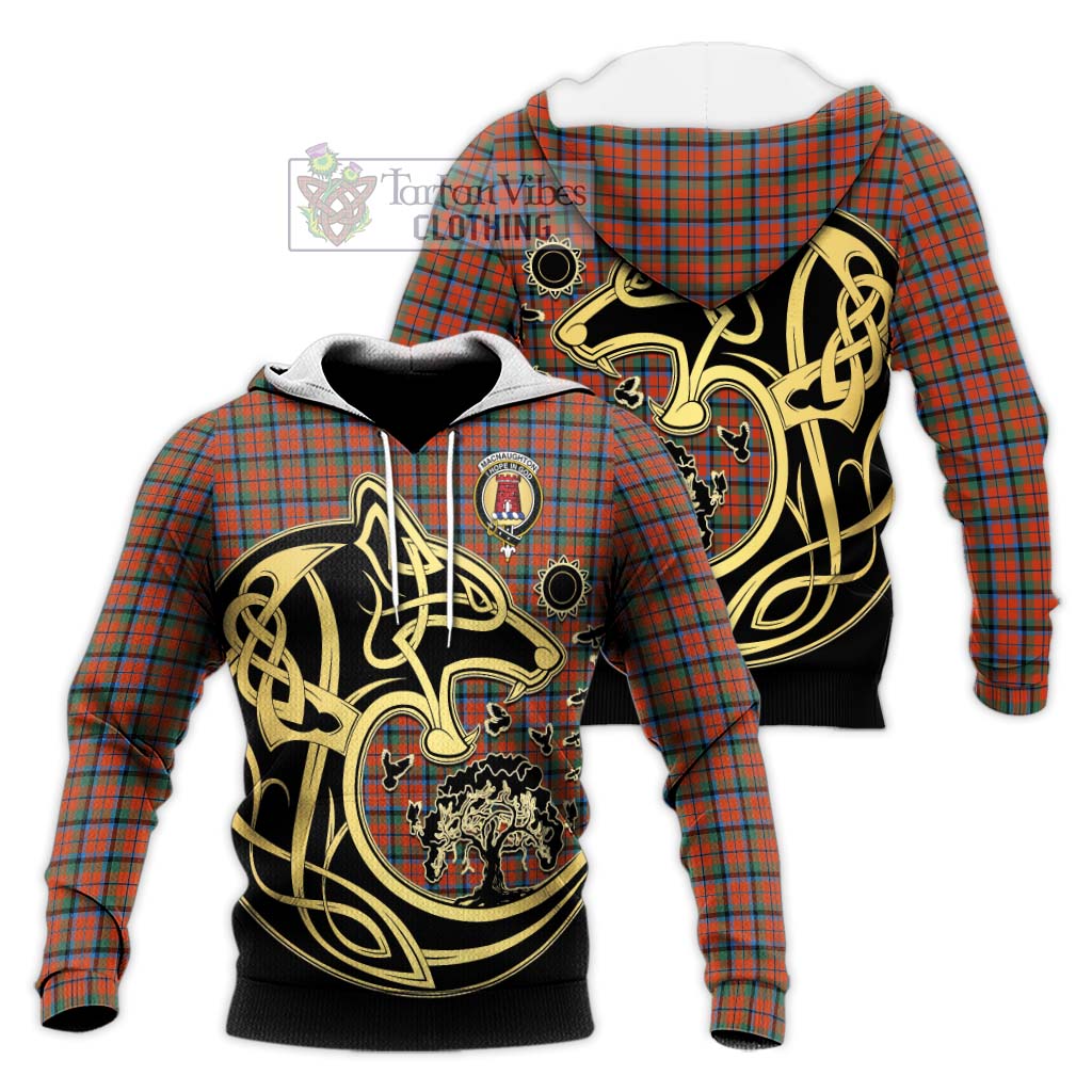 Tartan Vibes Clothing MacNaughton Ancient Tartan Knitted Hoodie with Family Crest Celtic Wolf Style