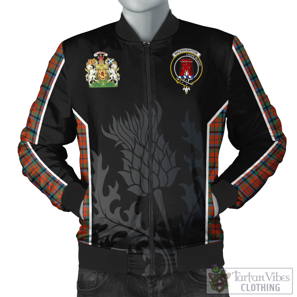 Tartan Vibes Clothing MacNaughton Ancient Tartan Bomber Jacket with Family Crest and Scottish Thistle Vibes Sport Style