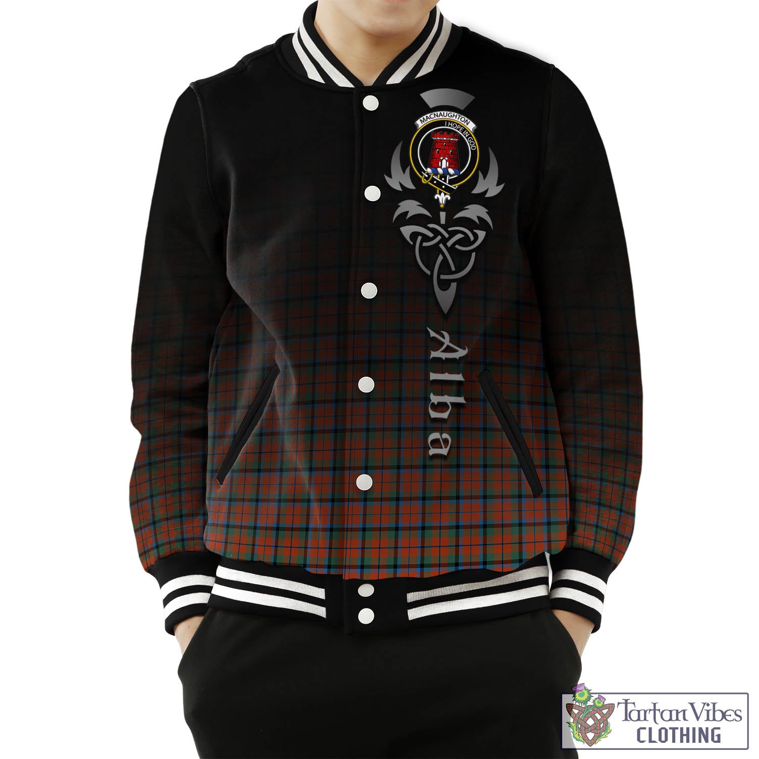 Tartan Vibes Clothing MacNaughton Ancient Tartan Baseball Jacket Featuring Alba Gu Brath Family Crest Celtic Inspired