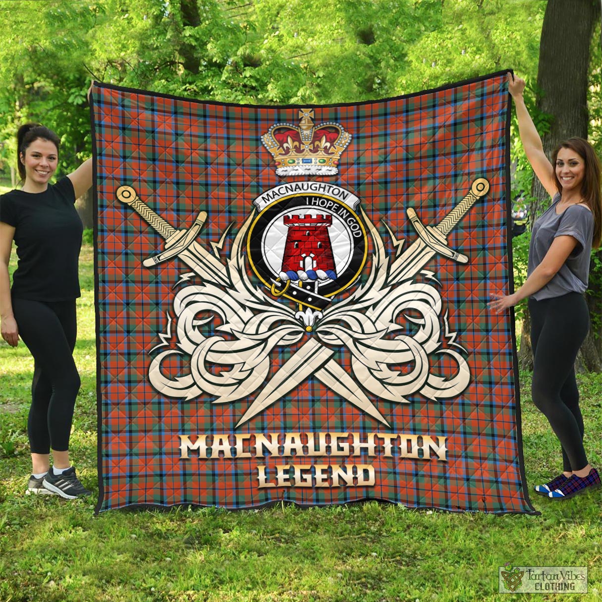 Tartan Vibes Clothing MacNaughton Ancient Tartan Quilt with Clan Crest and the Golden Sword of Courageous Legacy