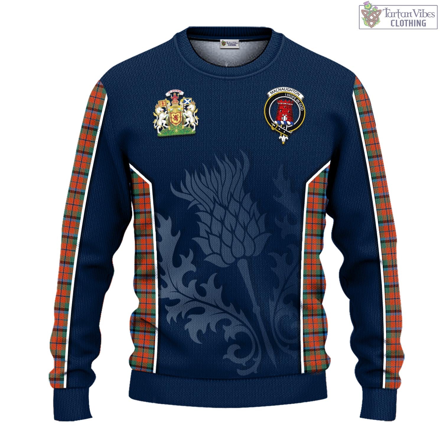 Tartan Vibes Clothing MacNaughton Ancient Tartan Knitted Sweatshirt with Family Crest and Scottish Thistle Vibes Sport Style