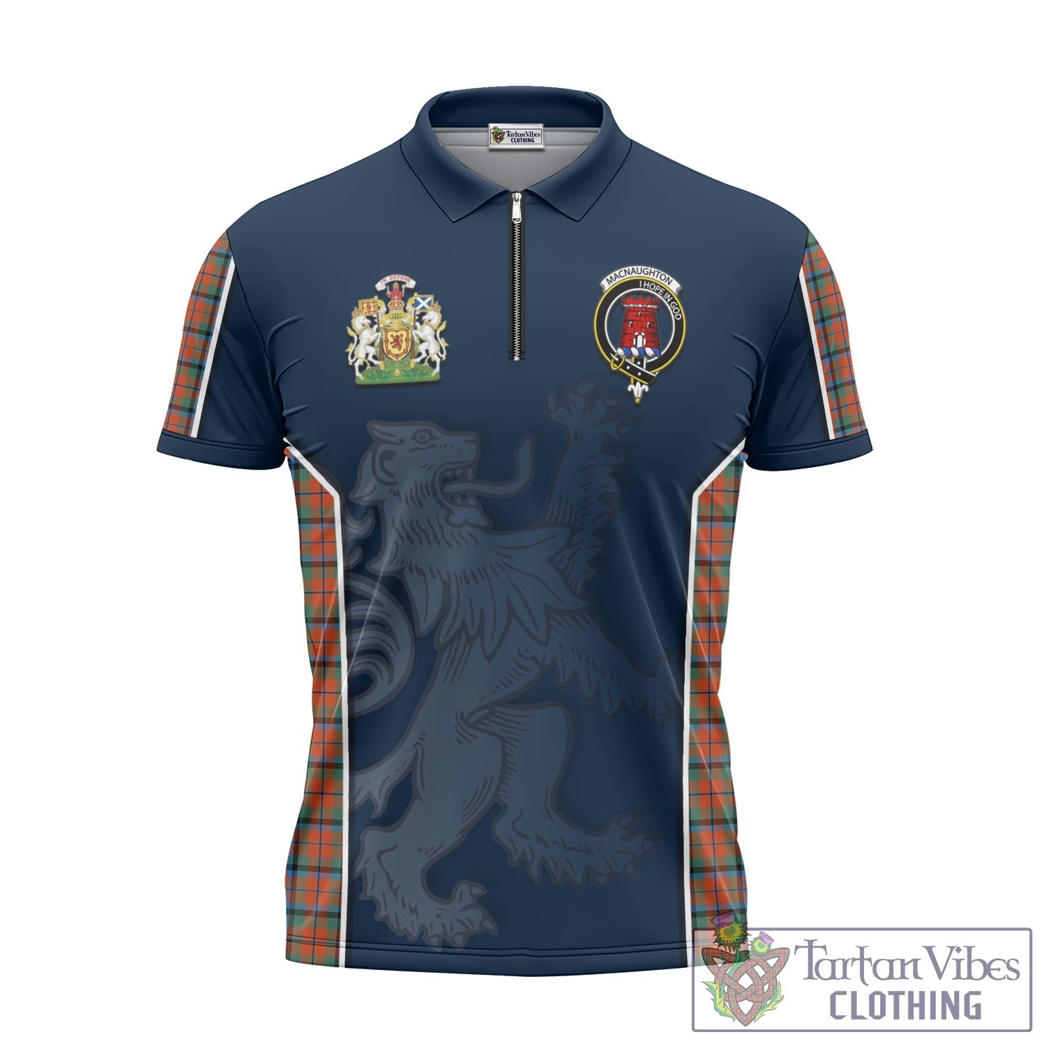 Tartan Vibes Clothing MacNaughton Ancient Tartan Zipper Polo Shirt with Family Crest and Lion Rampant Vibes Sport Style