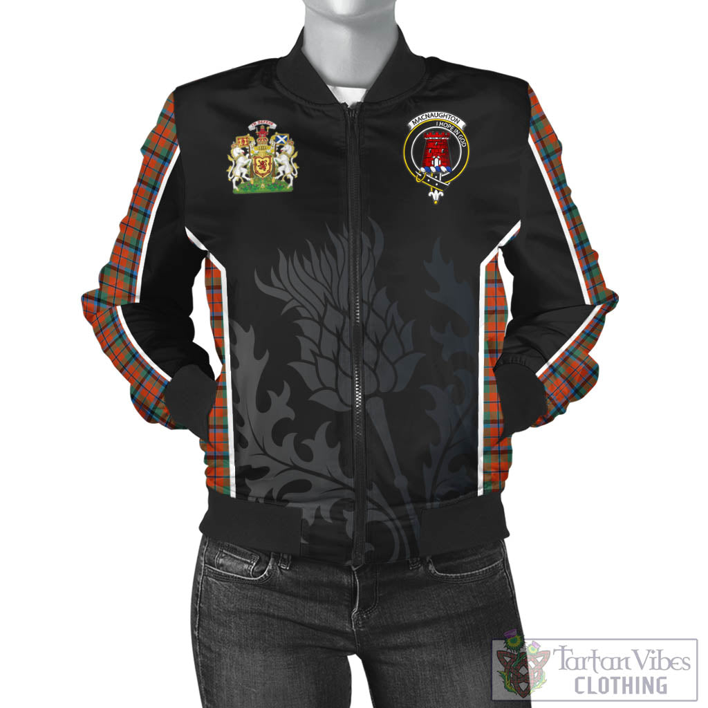 Tartan Vibes Clothing MacNaughton Ancient Tartan Bomber Jacket with Family Crest and Scottish Thistle Vibes Sport Style