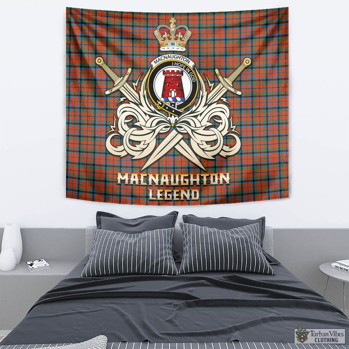 Tartan Vibes Clothing MacNaughton Ancient Tartan Tapestry with Clan Crest and the Golden Sword of Courageous Legacy