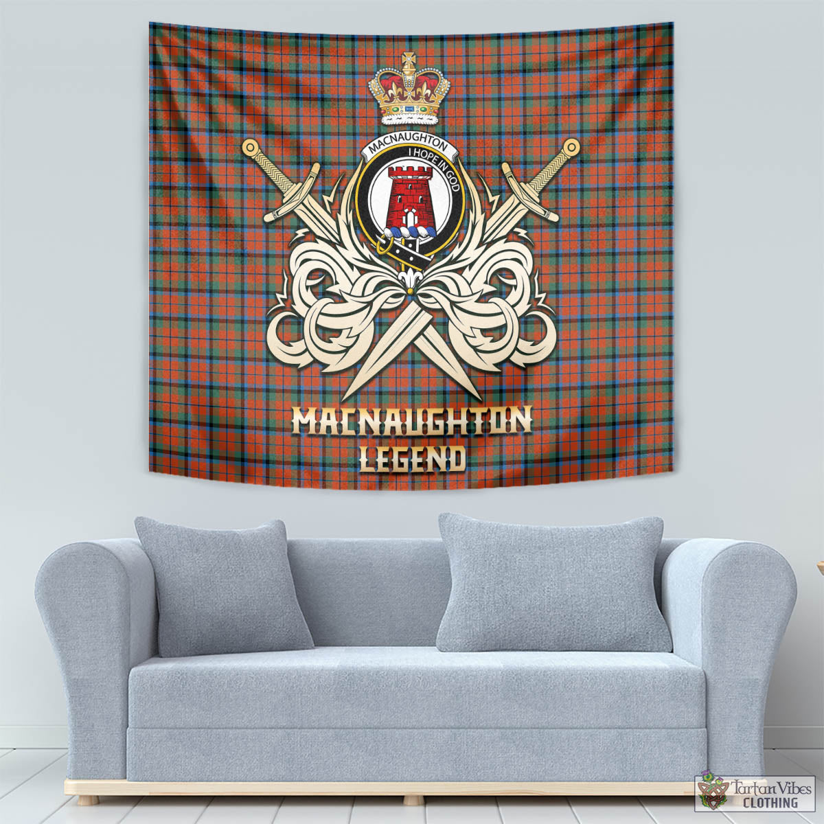 Tartan Vibes Clothing MacNaughton Ancient Tartan Tapestry with Clan Crest and the Golden Sword of Courageous Legacy