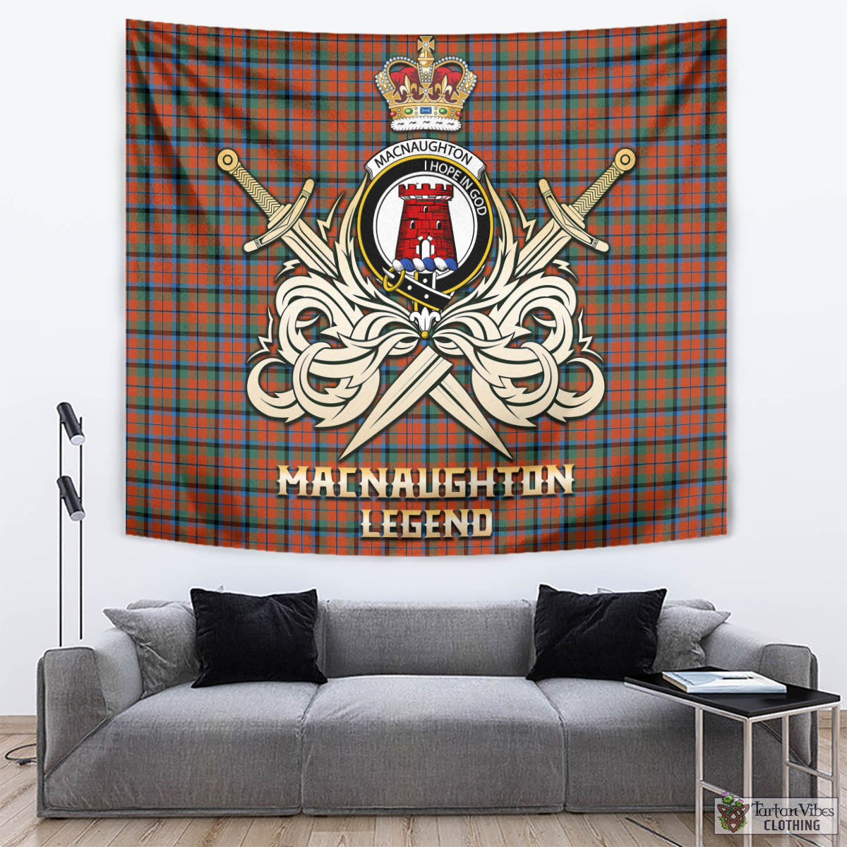 Tartan Vibes Clothing MacNaughton Ancient Tartan Tapestry with Clan Crest and the Golden Sword of Courageous Legacy