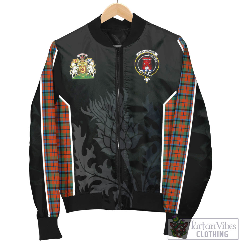 Tartan Vibes Clothing MacNaughton Ancient Tartan Bomber Jacket with Family Crest and Scottish Thistle Vibes Sport Style