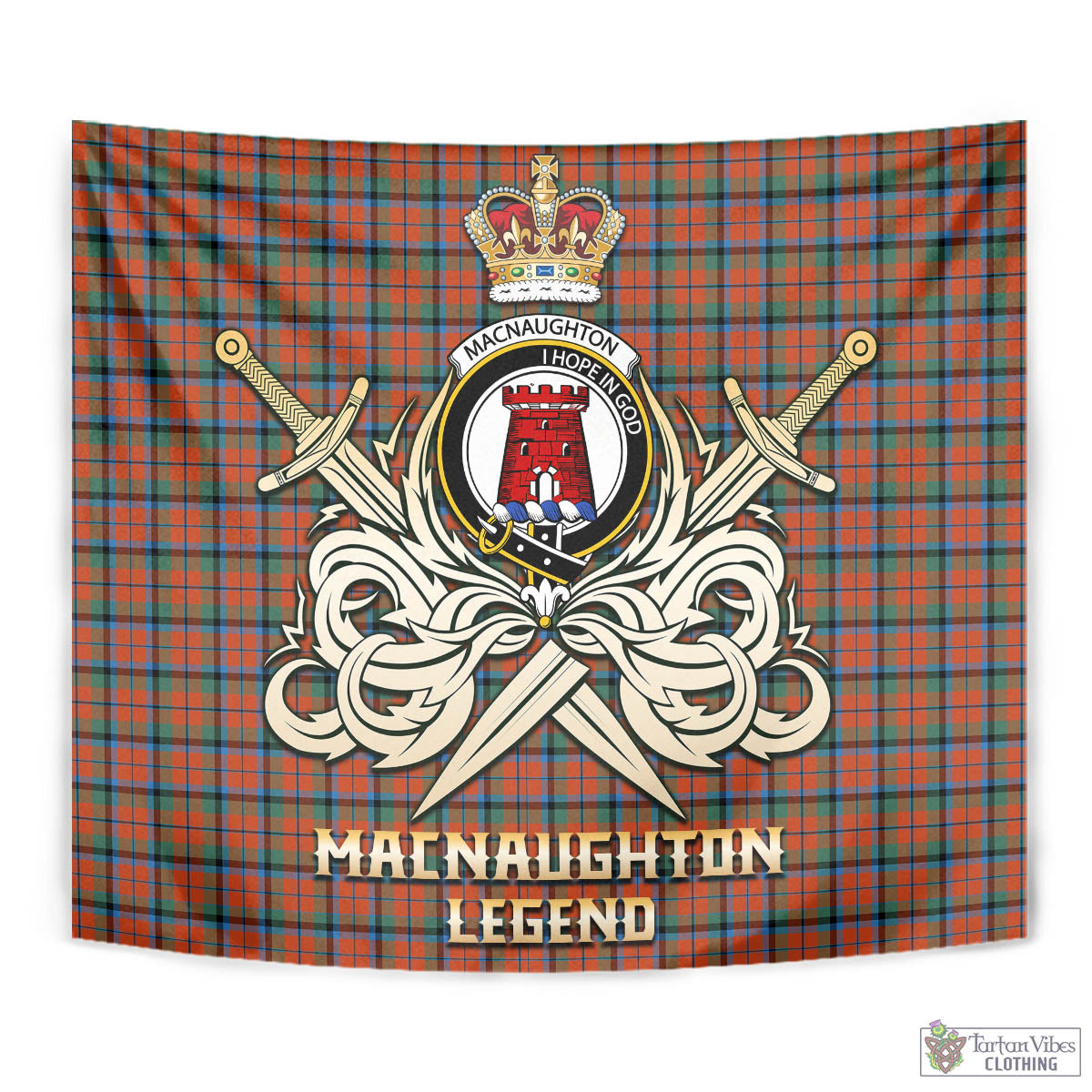 Tartan Vibes Clothing MacNaughton Ancient Tartan Tapestry with Clan Crest and the Golden Sword of Courageous Legacy