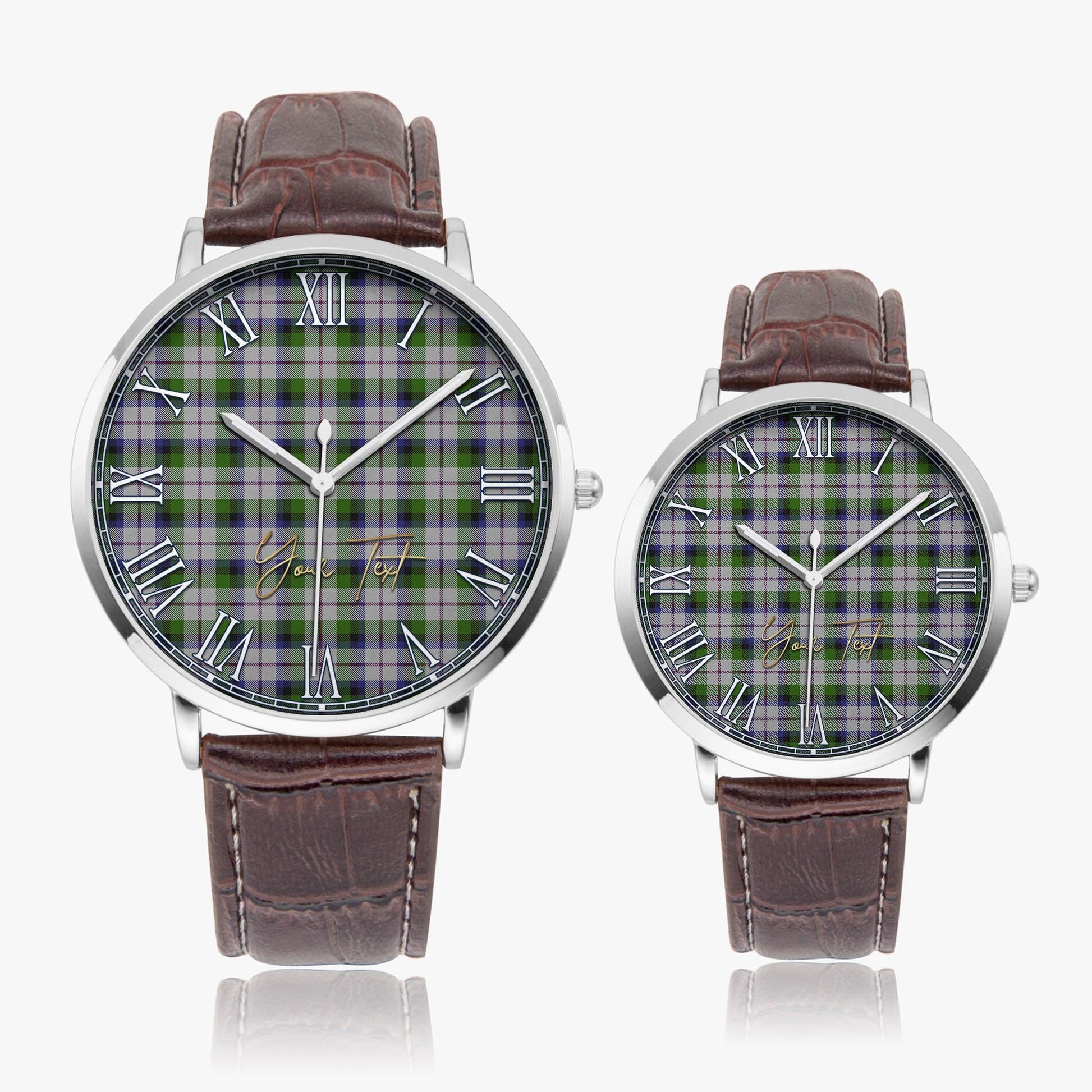 MacNaughton Dress Tartan Personalized Your Text Leather Trap Quartz Watch Ultra Thin Silver Case With Brown Leather Strap - Tartanvibesclothing