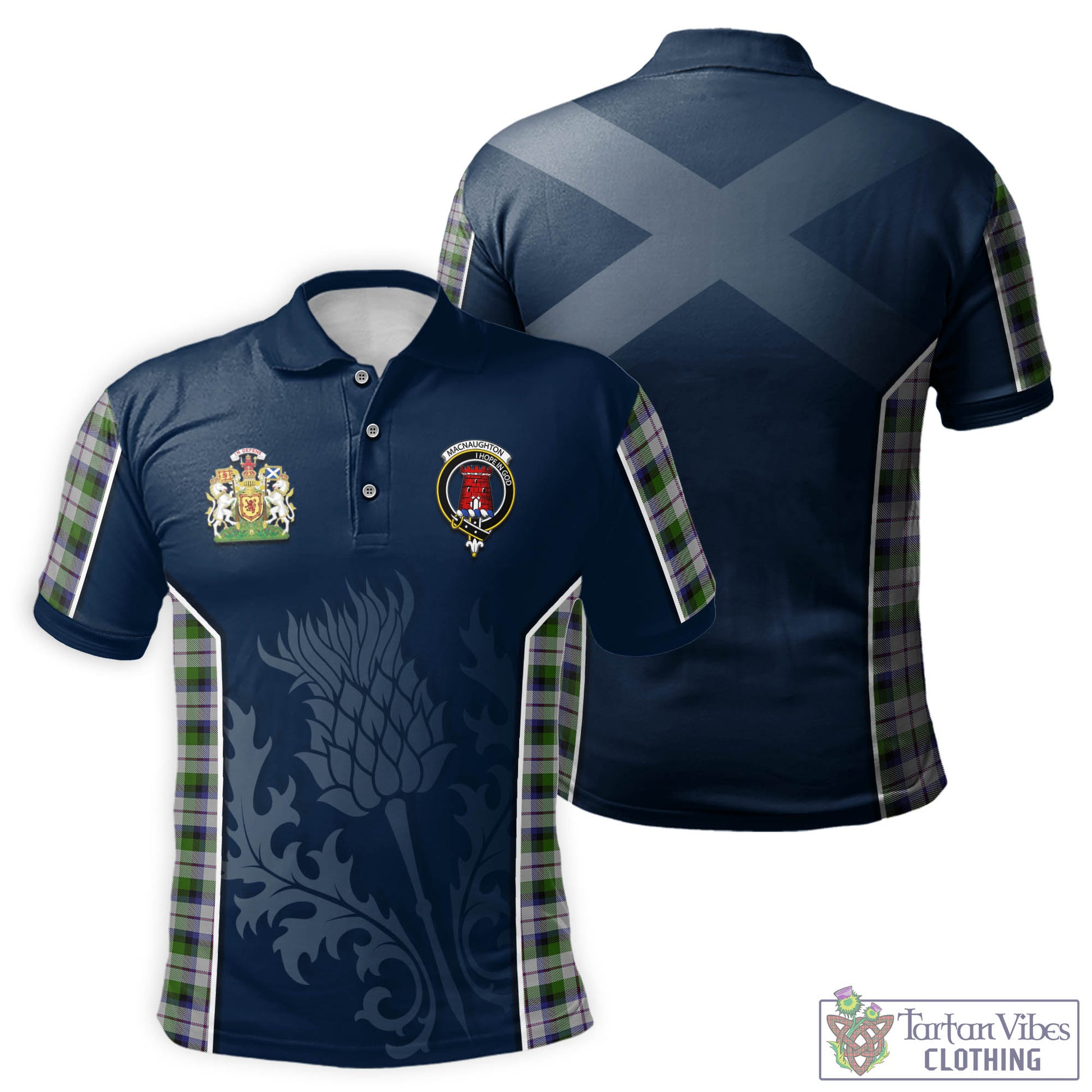 Tartan Vibes Clothing MacNaughton Dress Tartan Men's Polo Shirt with Family Crest and Scottish Thistle Vibes Sport Style