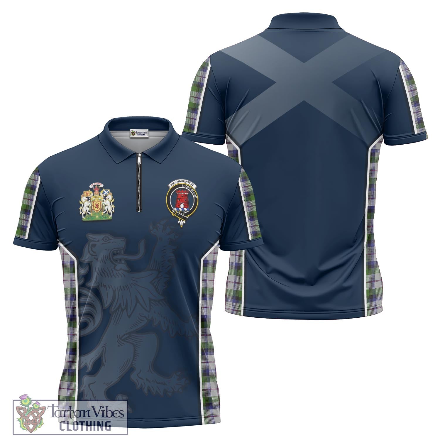 Tartan Vibes Clothing MacNaughton Dress Tartan Zipper Polo Shirt with Family Crest and Lion Rampant Vibes Sport Style