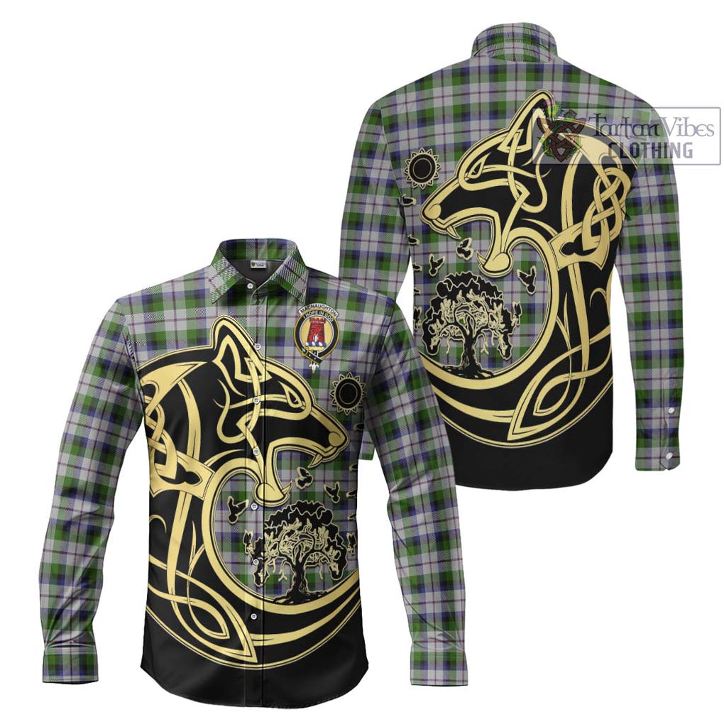 MacNaughton Dress Tartan Long Sleeve Button Shirt with Family Crest Celtic Wolf Style Men's Shirt S - Tartan Vibes Clothing