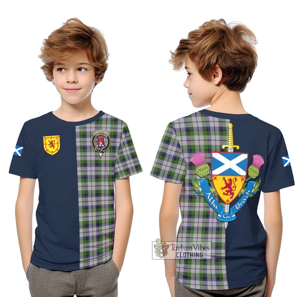 Tartan Vibes Clothing MacNaughton Dress Tartan Kid T-Shirt with Scottish Lion Royal Arm Half Style