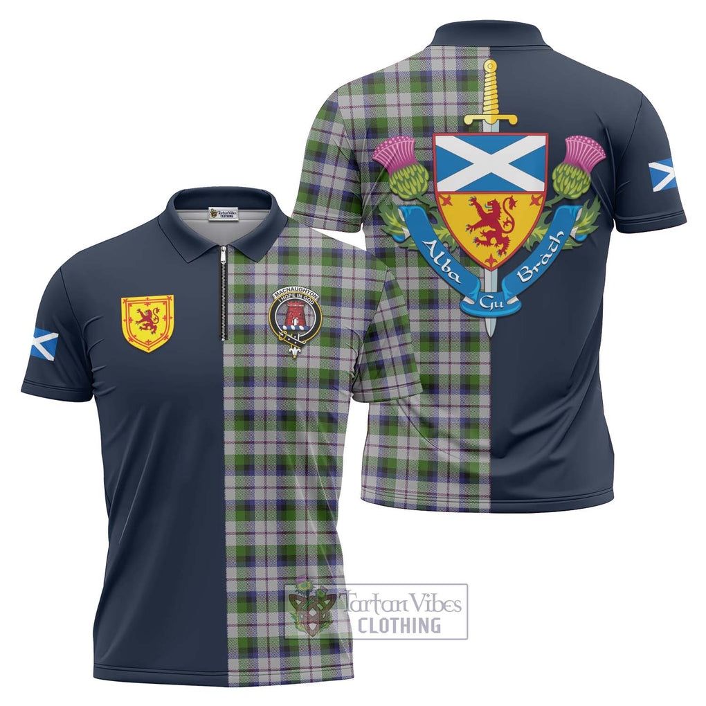 Tartan Vibes Clothing MacNaughton Dress Tartan Zipper Polo Shirt with Scottish Lion Royal Arm Half Style