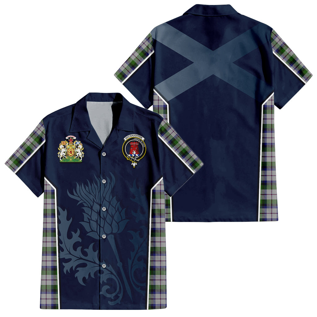 Tartan Vibes Clothing MacNaughton Dress Tartan Short Sleeve Button Up Shirt with Family Crest and Scottish Thistle Vibes Sport Style