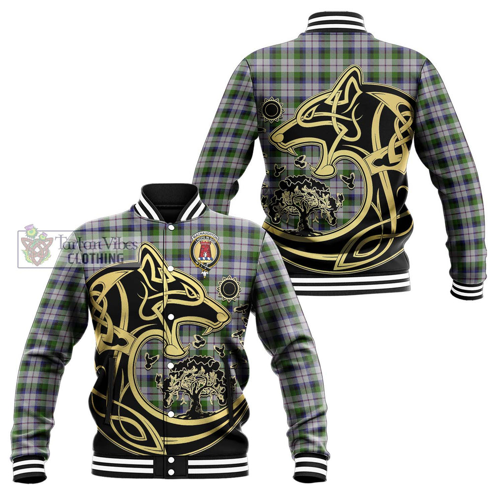 MacNaughton Dress Tartan Baseball Jacket with Family Crest Celtic Wolf Style Unisex - Tartan Vibes Clothing