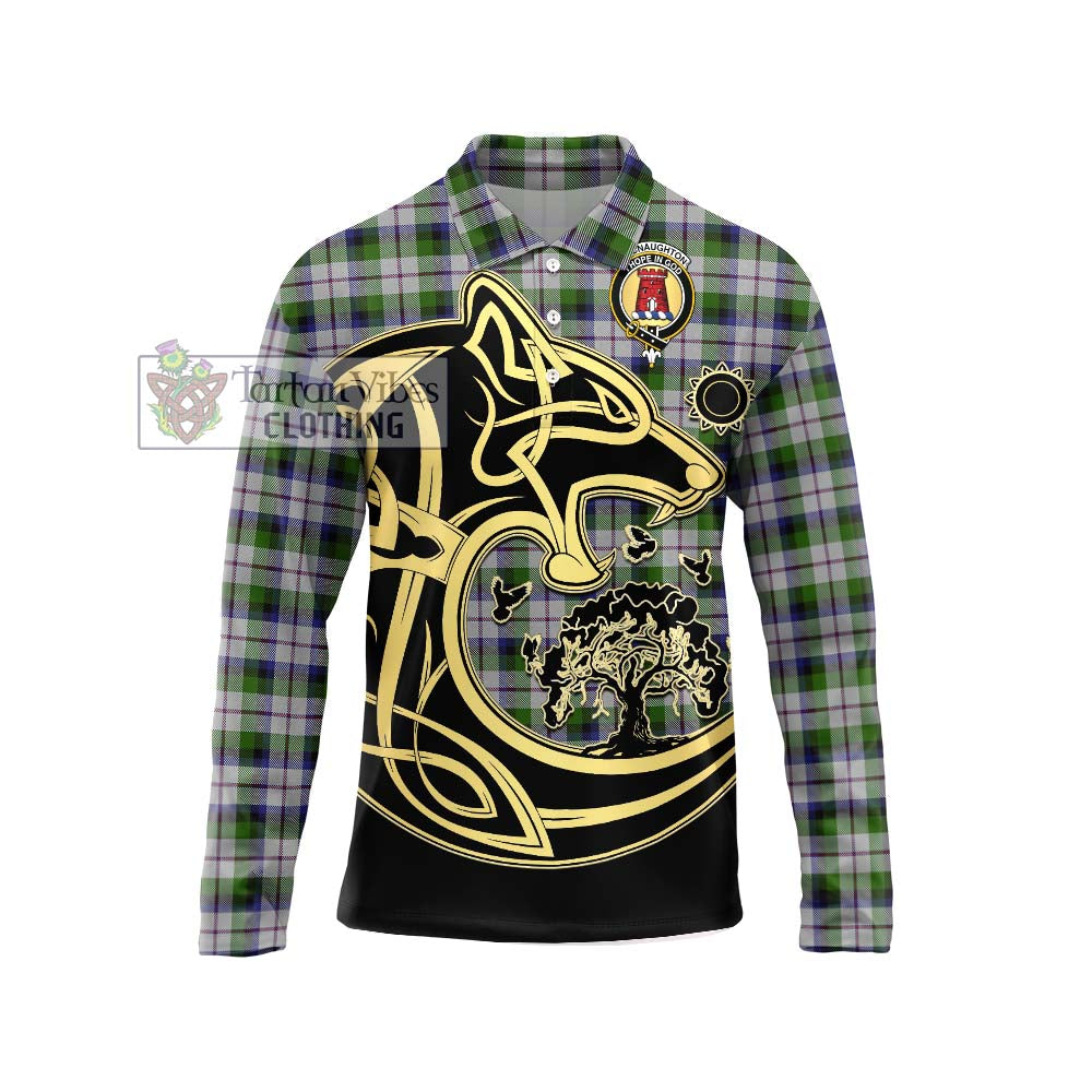 MacNaughton Dress Tartan Long Sleeve Polo Shirt with Family Crest Celtic Wolf Style Unisex - Tartanvibesclothing Shop