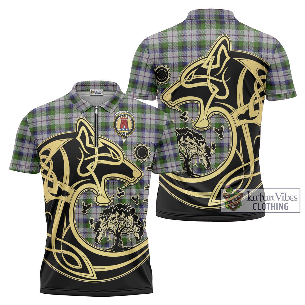 MacNaughton Dress Tartan Zipper Polo Shirt with Family Crest Celtic Wolf Style Unisex - Tartanvibesclothing Shop