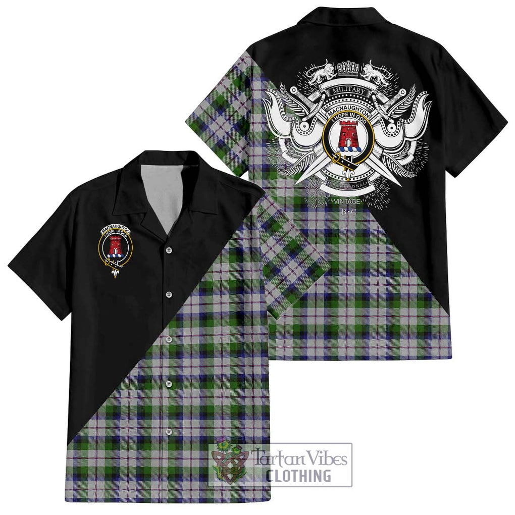 MacNaughton Dress Tartan Short Sleeve Button Shirt with Family Crest and Military Logo Style Kid - Tartanvibesclothing Shop