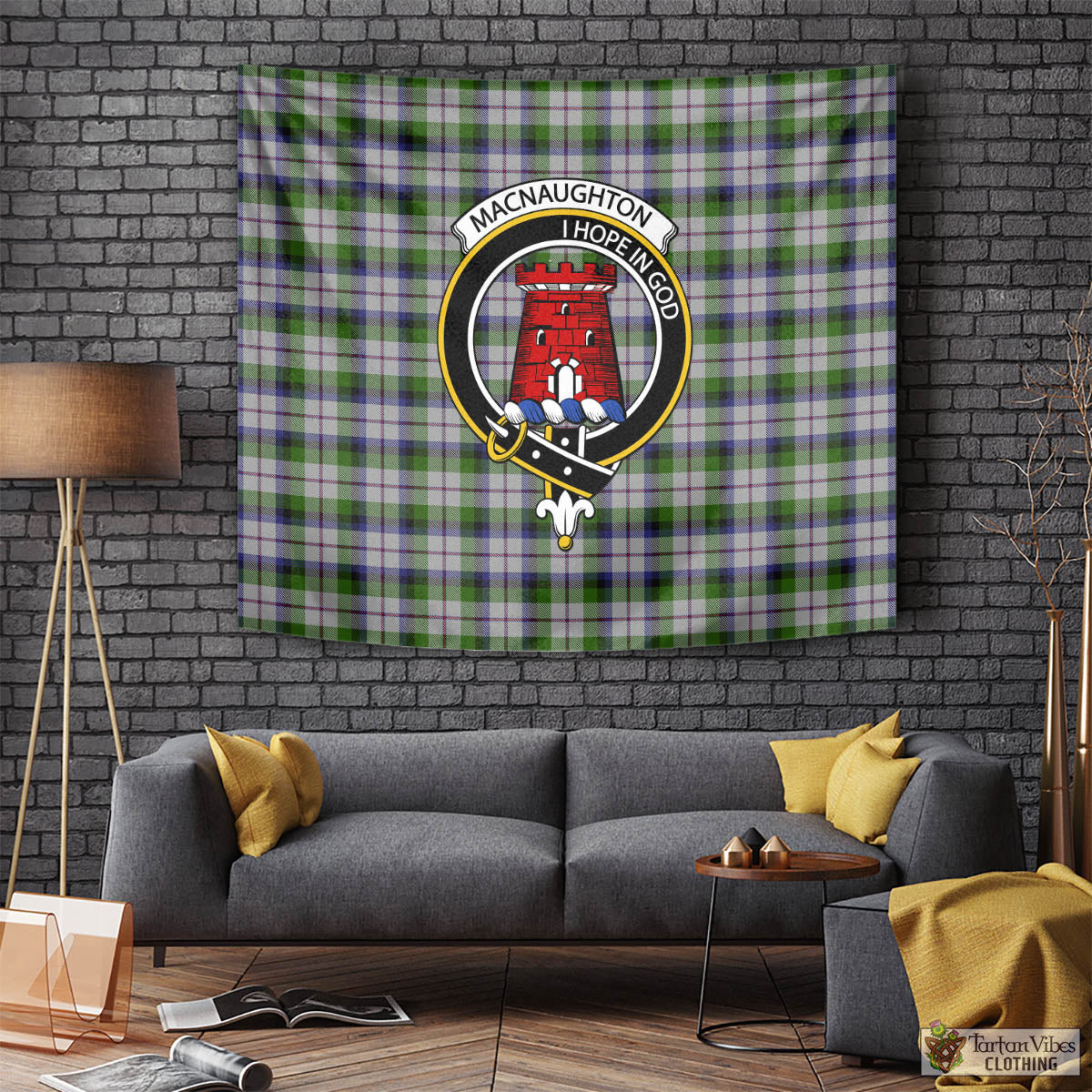 Tartan Vibes Clothing MacNaughton Dress Tartan Tapestry Wall Hanging and Home Decor for Room with Family Crest