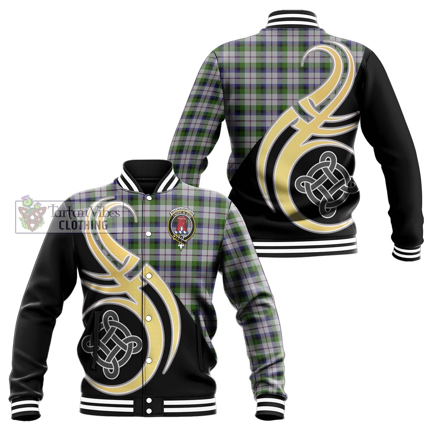 MacNaughton Dress Tartan Baseball Jacket with Family Crest and Celtic Symbol Style Unisex - Tartan Vibes Clothing