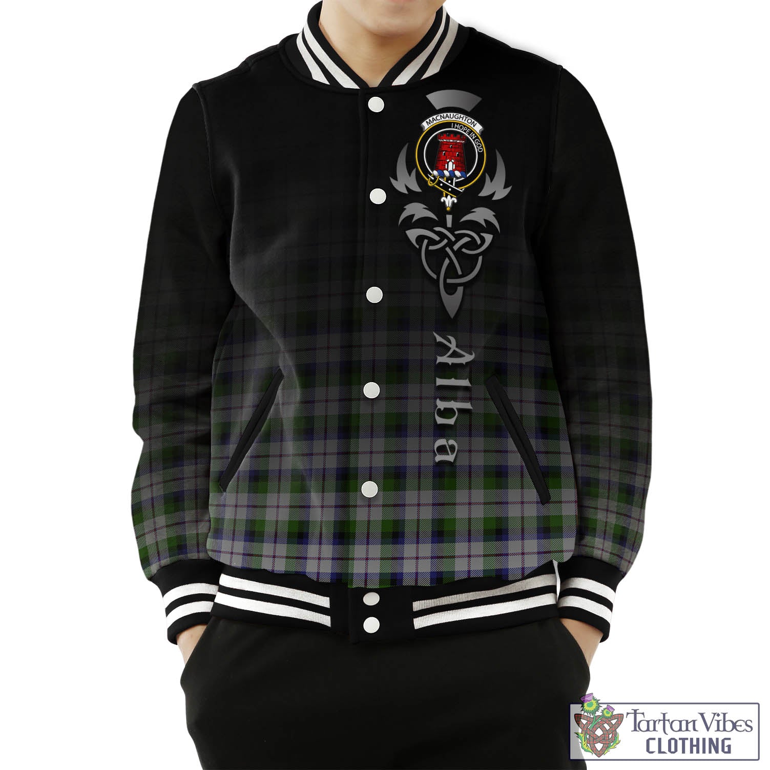 Tartan Vibes Clothing MacNaughton Dress Tartan Baseball Jacket Featuring Alba Gu Brath Family Crest Celtic Inspired