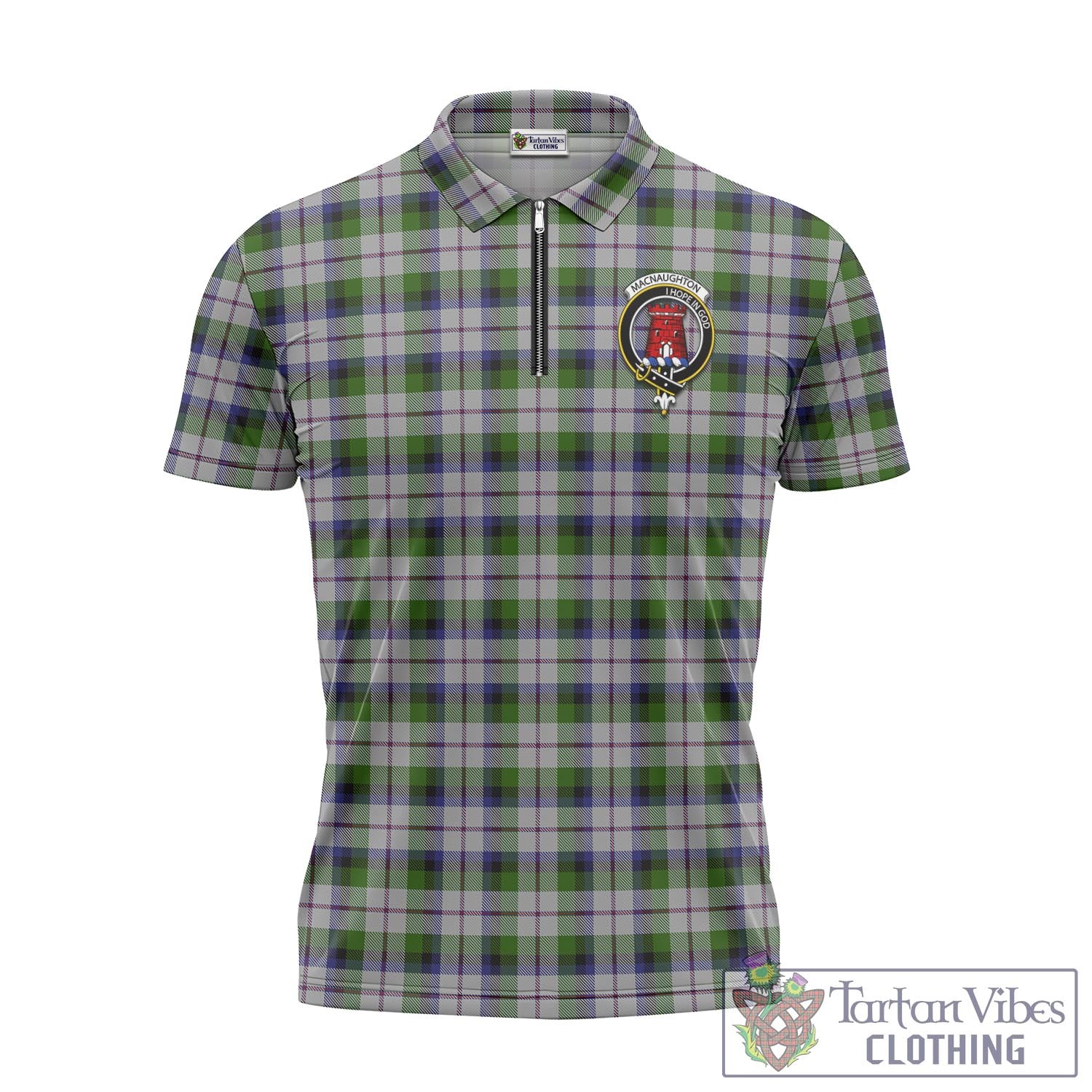 Tartan Vibes Clothing MacNaughton Dress Tartan Zipper Polo Shirt with Family Crest