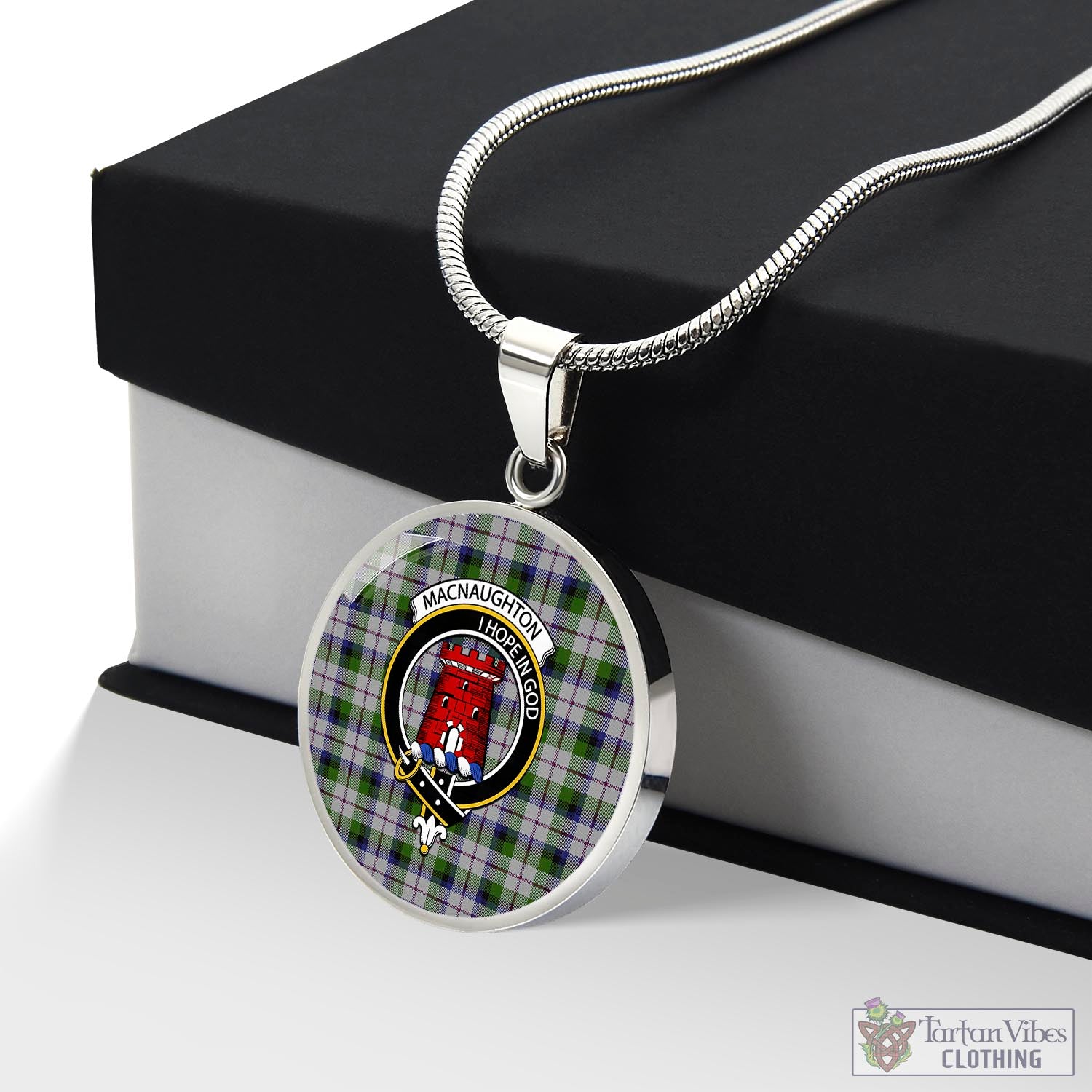 Tartan Vibes Clothing MacNaughton Dress Tartan Circle Necklace with Family Crest