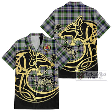 MacNaughton Dress Tartan Short Sleeve Button Shirt with Family Crest Celtic Wolf Style