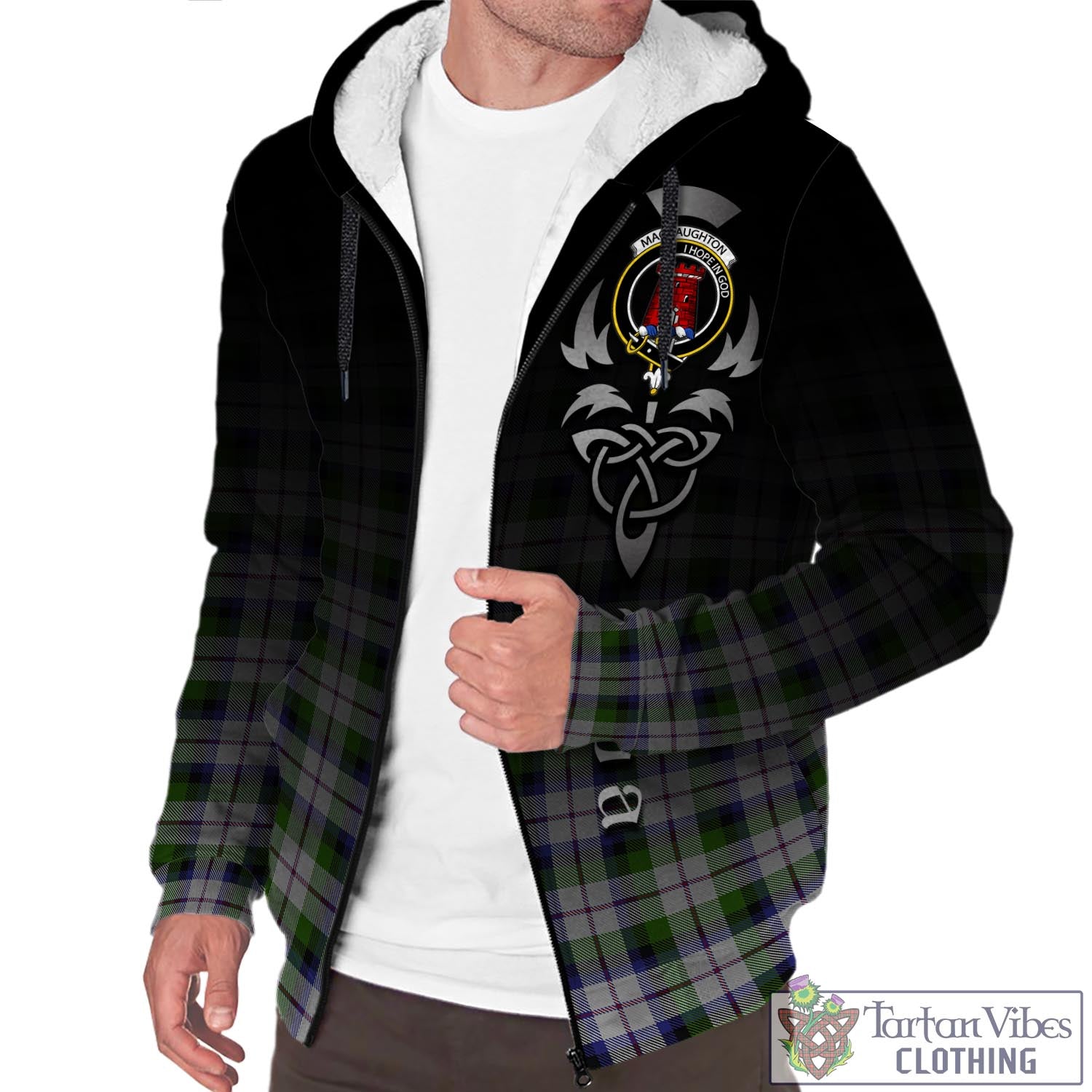 Tartan Vibes Clothing MacNaughton Dress Tartan Sherpa Hoodie Featuring Alba Gu Brath Family Crest Celtic Inspired