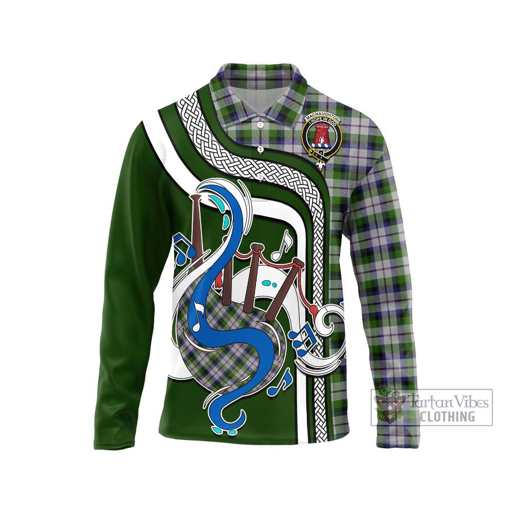 Tartan Vibes Clothing MacNaughton Dress Tartan Long Sleeve Polo Shirt with Epic Bagpipe Style