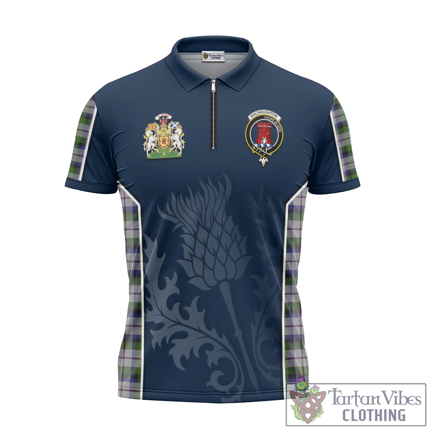 Tartan Vibes Clothing MacNaughton Dress Tartan Zipper Polo Shirt with Family Crest and Scottish Thistle Vibes Sport Style