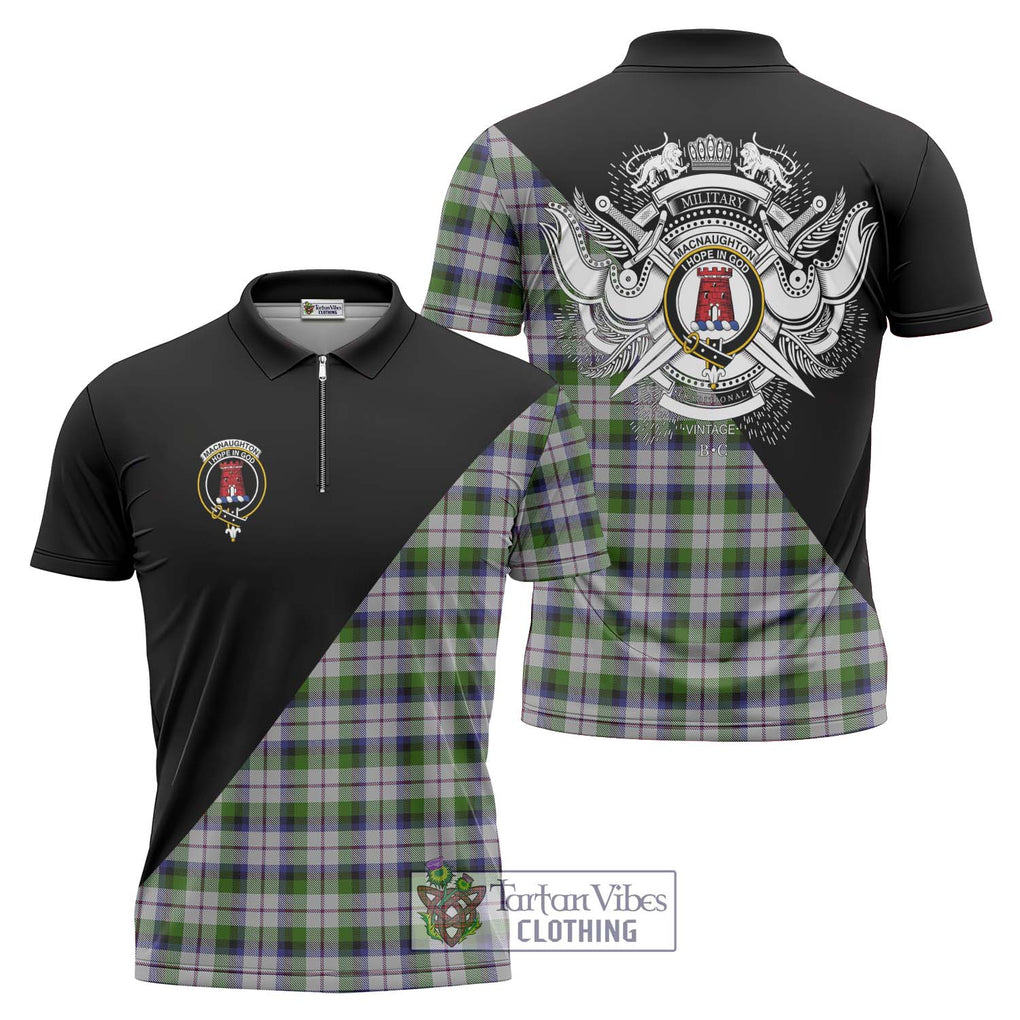 MacNaughton Dress Tartan Zipper Polo Shirt with Family Crest and Military Logo Style Unisex - Tartanvibesclothing Shop