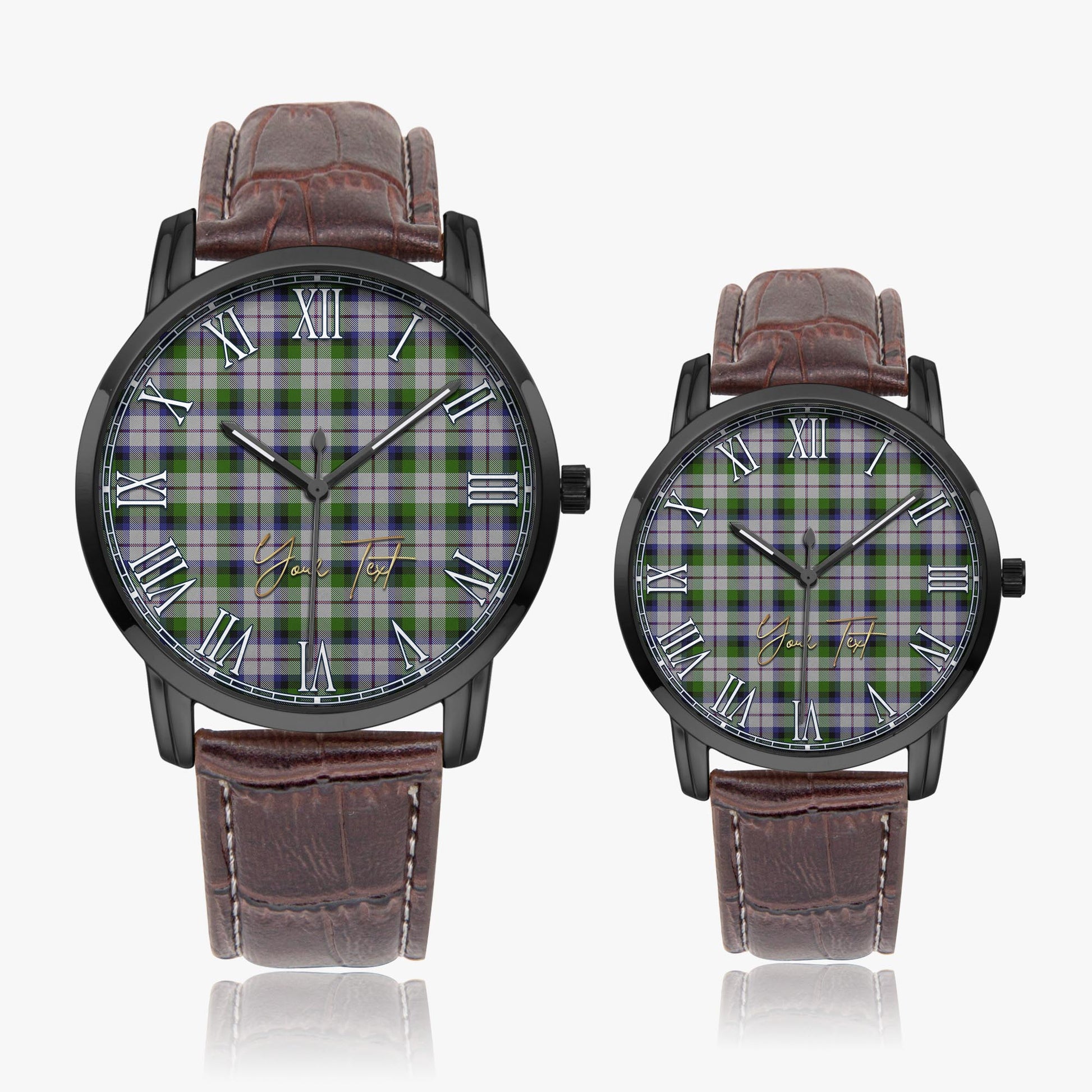 MacNaughton Dress Tartan Personalized Your Text Leather Trap Quartz Watch Wide Type Black Case With Brown Leather Strap - Tartanvibesclothing